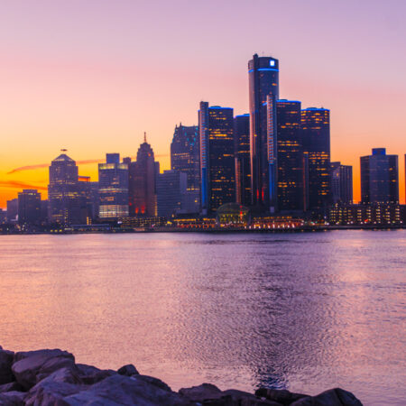 Downtown Detroit buildings skyline at sunset