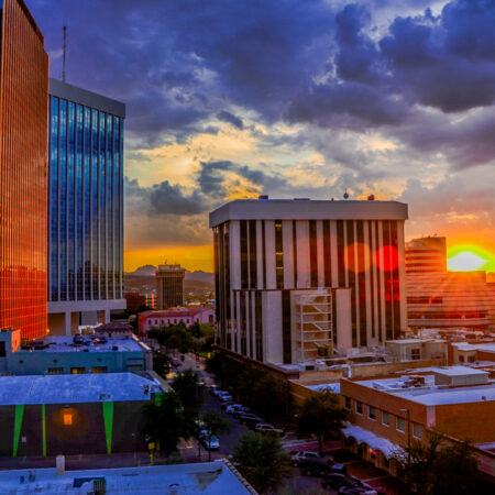 Sunset in downtown Tucson, Arizona on a cloudy day.