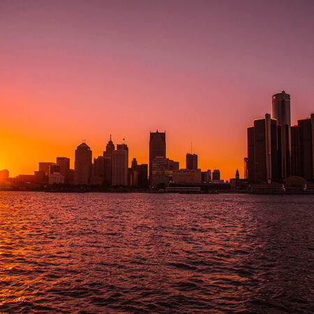 Downtown Detroit at sunset
